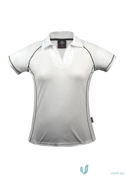 Ladies Endeavour Polo shirt in white with black trim, perfect for work uniforms