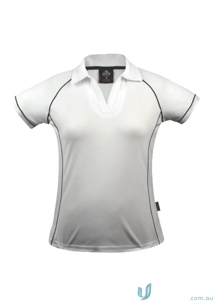 Ladies Endeavour Polo shirt in white with black trim, perfect for work uniforms