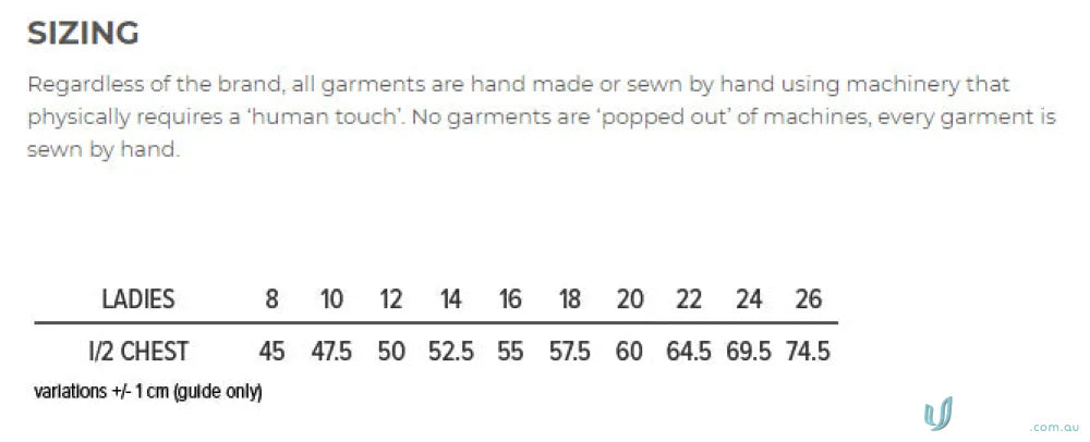 Sizing chart for Ladies Eureka Polo showing half chest measurements in cm for sizes 8-26