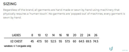 Sizing chart for Ladies Eureka Polo showing half chest measurements in cm for sizes 8-26