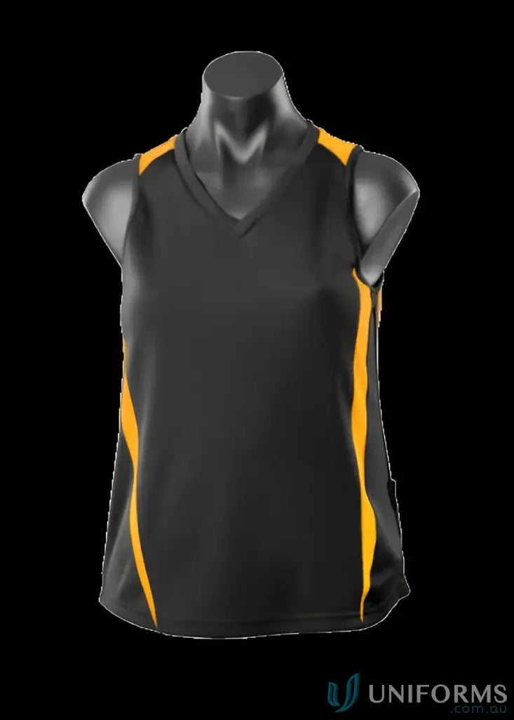 Black and gold athletic tank top with comfy fabric and stylish neck for Ladies Eureka Singlet