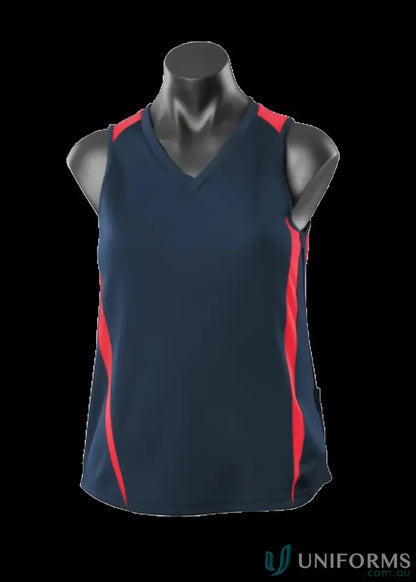 Ladies Eureka Singlet navy and red athletic tank top with breathable fabric and stylish neck