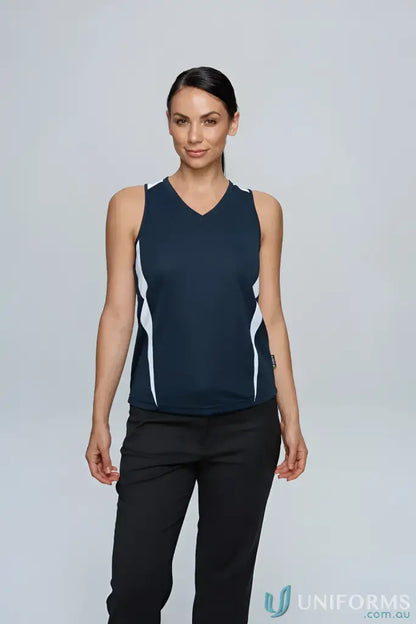 Women in navy blue Ladies Eureka Singlet with comfortable fabric and stylish neck design
