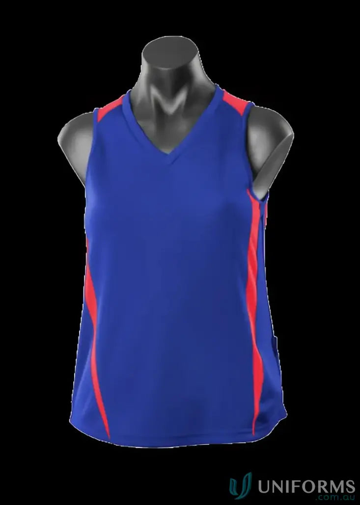 Blue and red athletic tank top with breathable fabric and sporty neck for Ladies Eureka Singlet