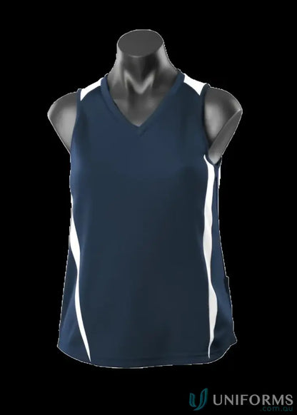 Navy and white athletic tank top made from breathable fabric, perfect for sports uniforms