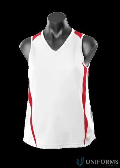 White and red Ladies Eureka Singlet athletic top with comfy fabric and stylish neck design