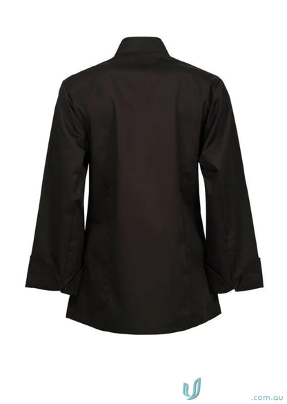Black long-sleeved mandarin collar shirt with sleeve pen pocket for Ladies Executive LS Chef Jacket