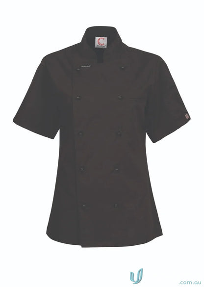 Short-sleeved black ladies executive SS chef jacket with matching stud buttons