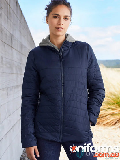 Navy quilted hooded jacket from Biz Collection Women’s Expedition Jacket collection