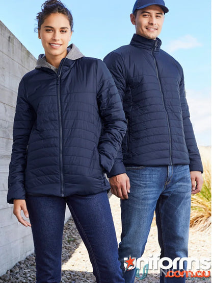 Two women in navy quilted Expedition Jackets from Biz Collection Women’s J750L jacket line