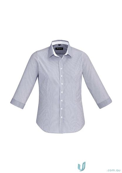Gray striped three-quarter sleeve shirt perfect for inside workwear or uniforms on clearance