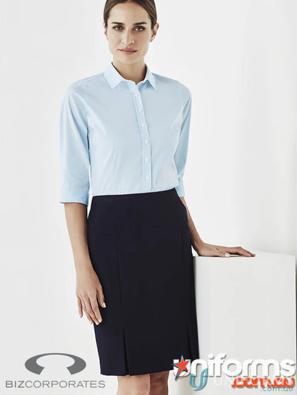 Inside look at Ladies Fifth Avenue 3qtr Shirt-CLEARANCE with light blue shirt and dark blue skirt for workwear or uniforms