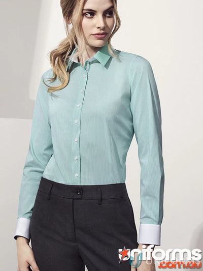 Womans light blue striped button-down shirt with inside cuff details, perfect for workwear or uniforms