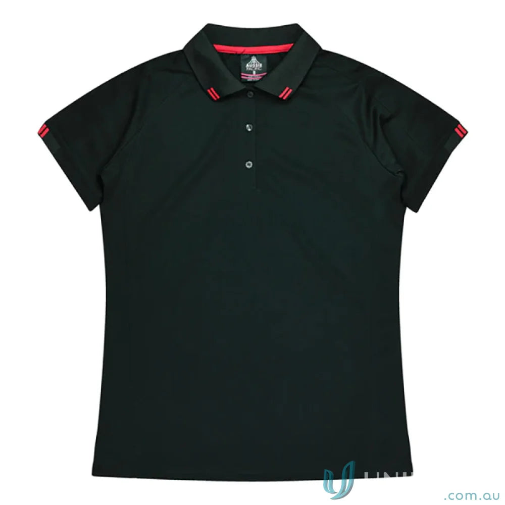 Ladies Flinders Polo in black with red trim, stylish workwear and uniforms option