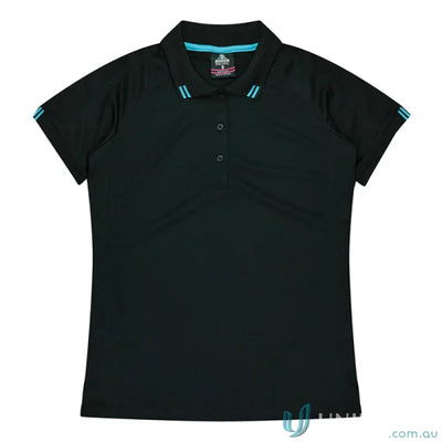 Ladies Flinders Polo black workwear with turquoise accents perfect for uniforms