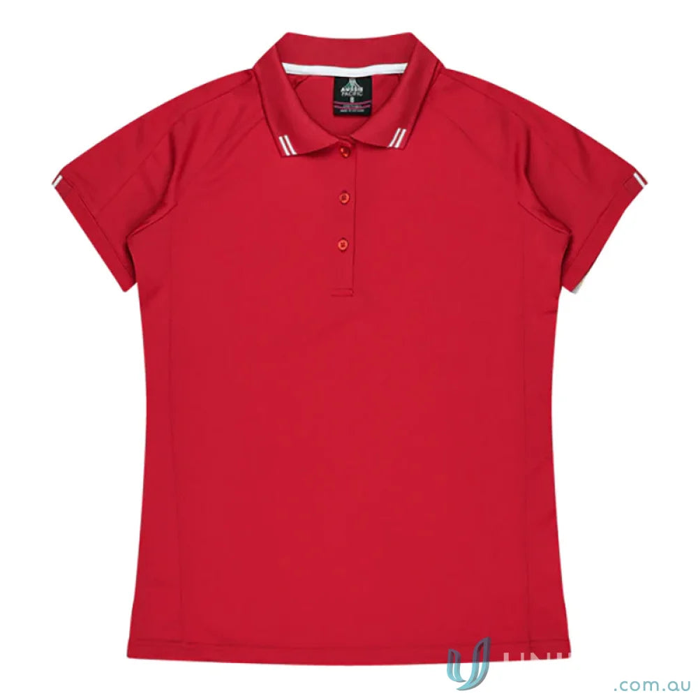Ladies Flinders Polo in red with striped collar, perfect for uniforms or workwear