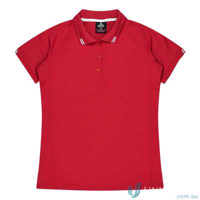 Ladies Flinders Polo in red with striped collar, perfect for uniforms or workwear
