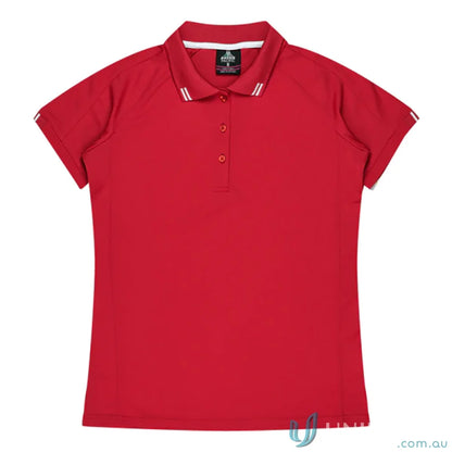 Ladies Flinders Polo in red with striped collar, perfect for uniforms or workwear