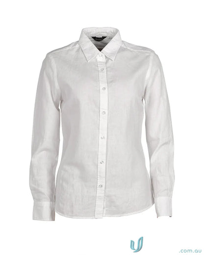 White ladies Floyd long sleeve linen cotton shirt for a cool, casual look