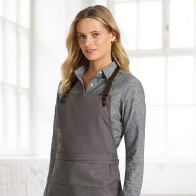 Ladies Floyd long sleeve linen cotton shirt with gray apron straps