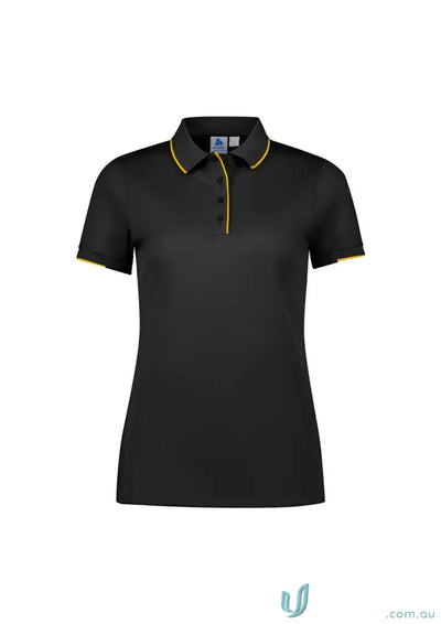 Ladies Focus Polo in black with gold trim and knit rib collar, perfect for casual wear