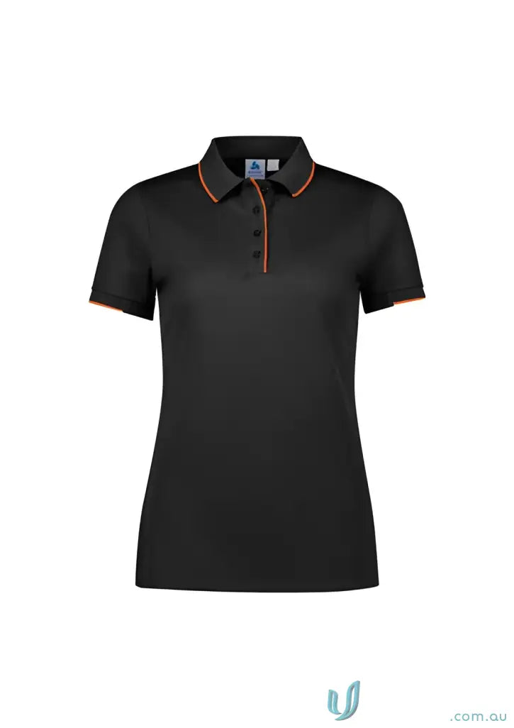 Ladies Focus Polo with black color and orange trim, perfect casual wear with knit rib collar