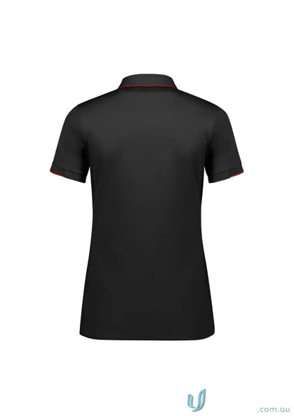 Ladies Focus Polo in black with red trim, casual wear with knit rib collar for ladies