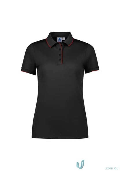 Ladies Focus Polo casual wear black polo shirt with red trim and knit rib collar