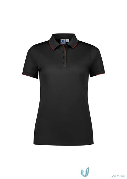 Ladies Focus Polo in black with red trim, casual wear knit rib collar style