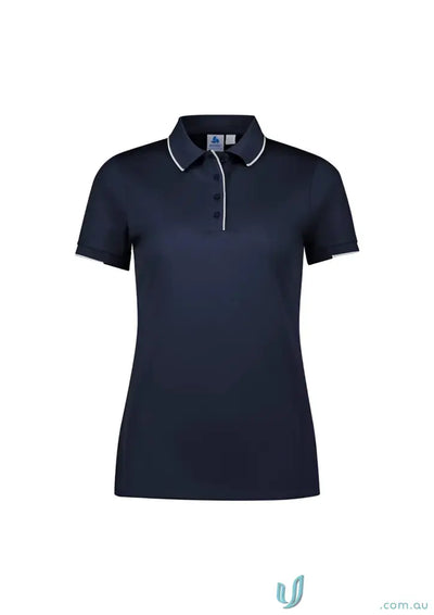 Ladies Focus Polo navy blue casual wear with white trim and knit rib collar