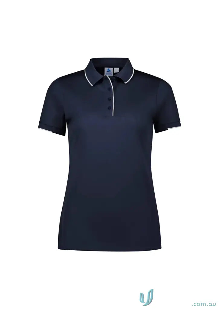 Ladies Focus Polo navy blue casual wear with white trim and knit rib collar