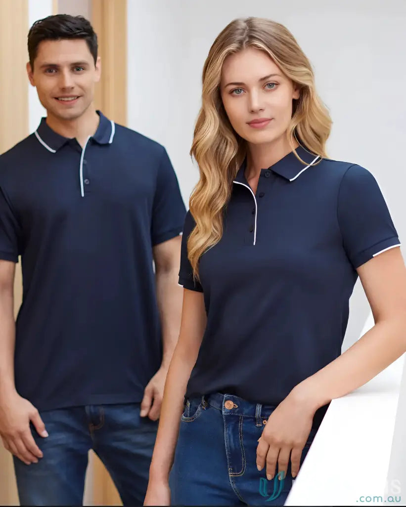 Matching navy blue Ladies Focus Polo shirts with white trim and knit rib collar for casual wear