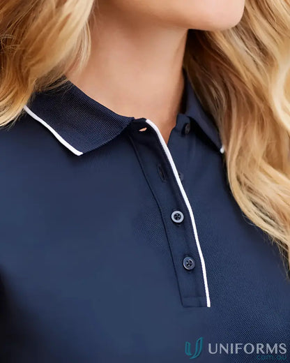 Ladies Focus Polo in navy blue with knit rib collar, perfect for casual wear