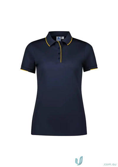 Ladies Focus Polo in navy blue with yellow trim and knit rib collar for casual wear