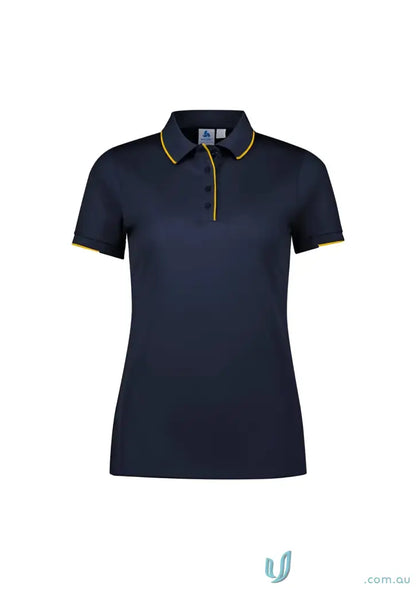 Ladies Focus Polo in navy blue with yellow trim and knit rib collar for casual wear