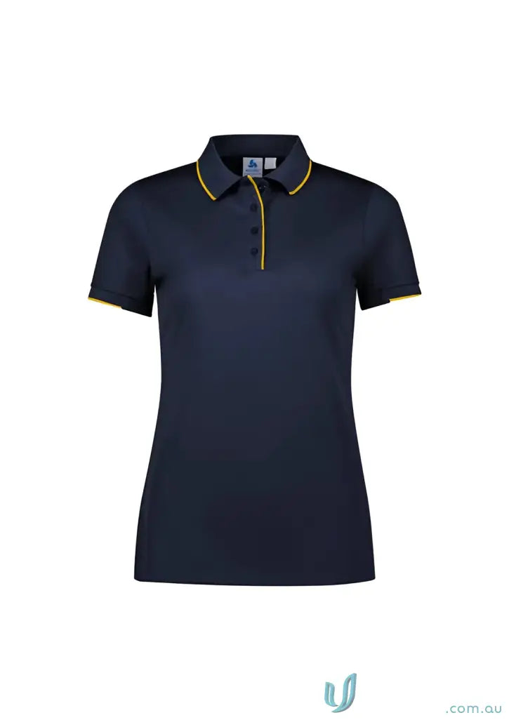 Ladies Focus Polo in navy blue with yellow trim and knit rib collar for casual wear