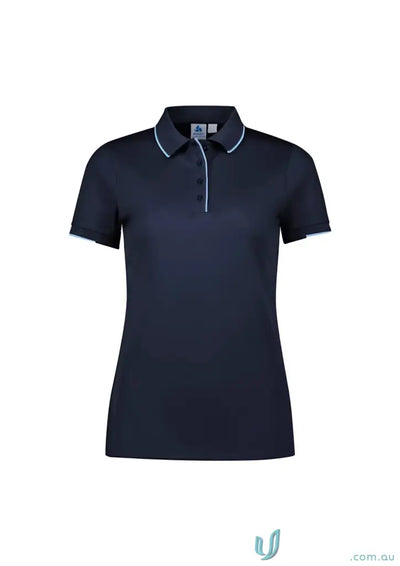 Ladies Focus Polo in navy blue with white trim and knit rib collar, perfect for casual wear