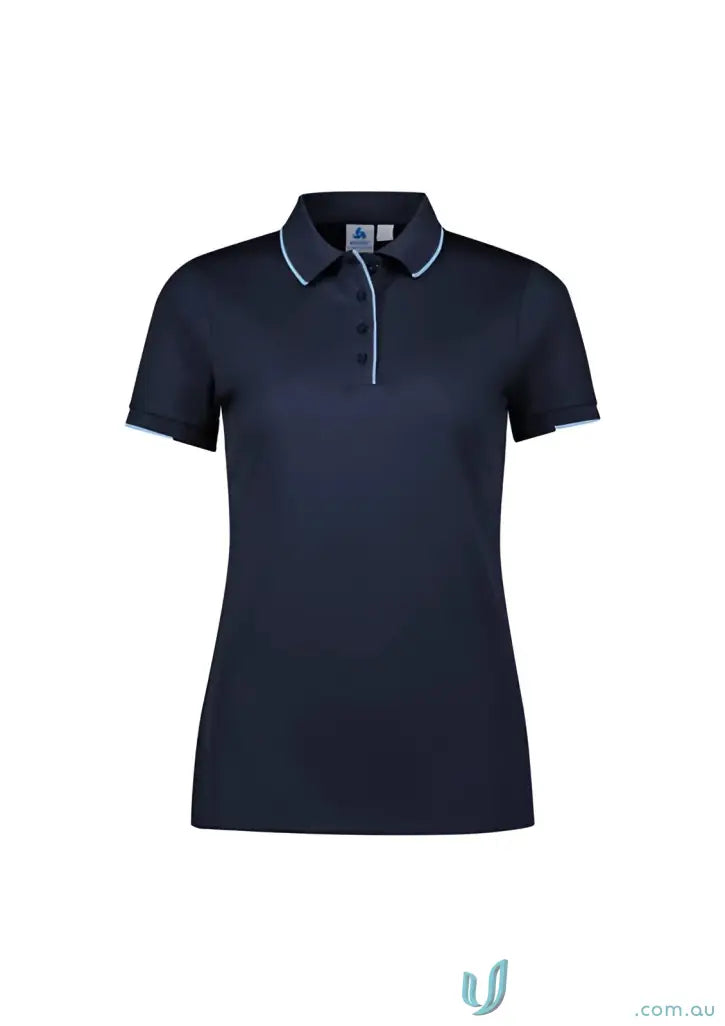 Ladies Focus Polo in navy blue with white trim and knit rib collar, perfect for casual wear
