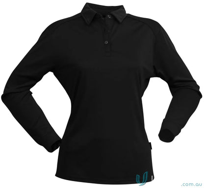 Ladies Freshen LS Polo in black with three-button placket for unmatched comfort workwear