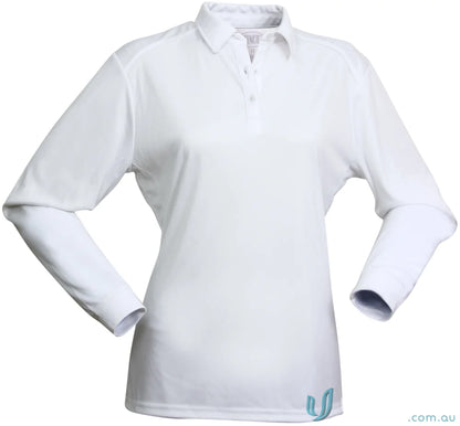 Ladies Freshen LS Polo in white with buttoned placket for unmatched comfort workwear