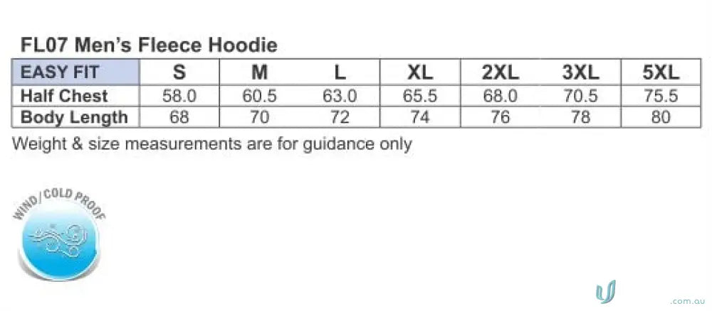 Men’s fleece hoodie size chart for stylish fleecy hoodies and workwear uniforms