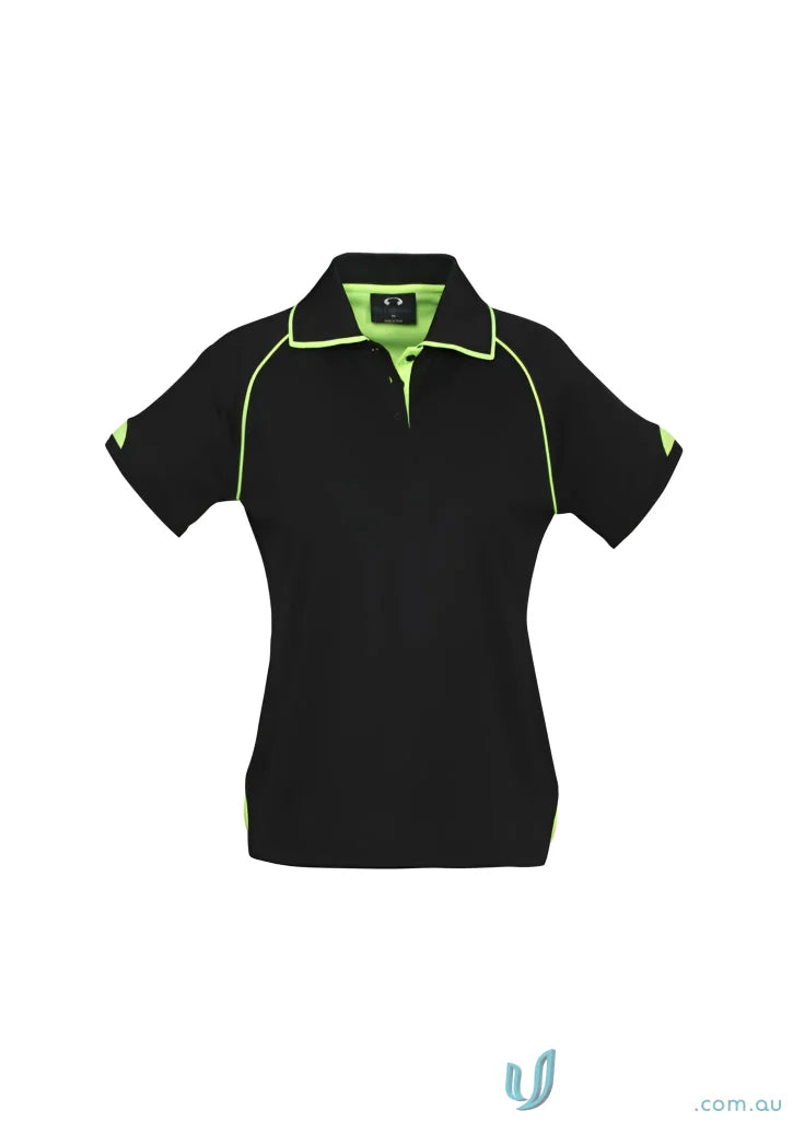 Ladies Fusion polo shirt with neon green piping, modern fit, part of Biz Collection Polo