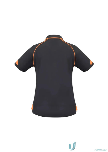Ladies Fusion Biz Collection Polo in black with orange piping and modern fit