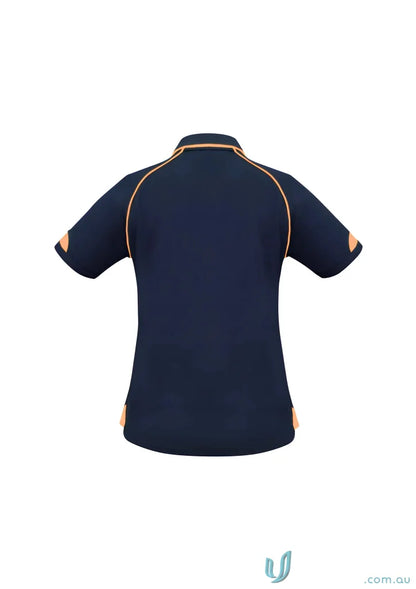 Ladies Fusion Polo in navy blue with orange piping, modern fit, perfect for biz collection