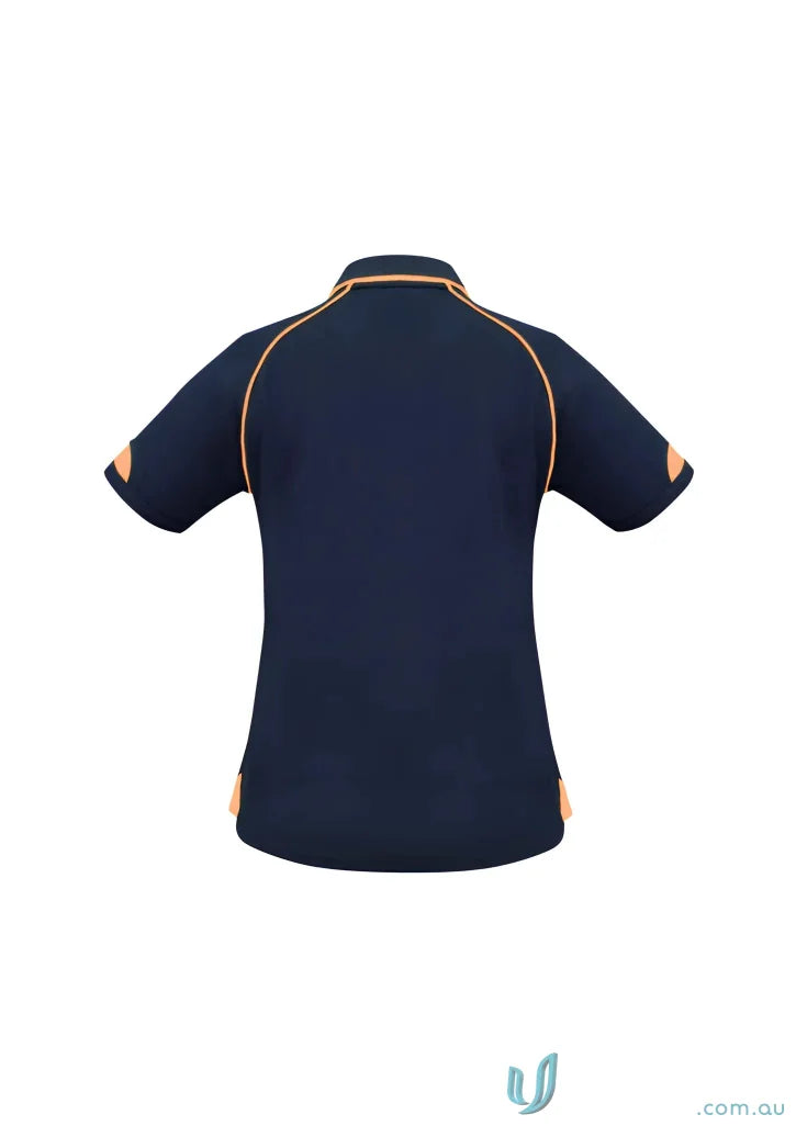 Ladies Fusion Polo in navy blue with orange piping, modern fit, perfect for biz collection
