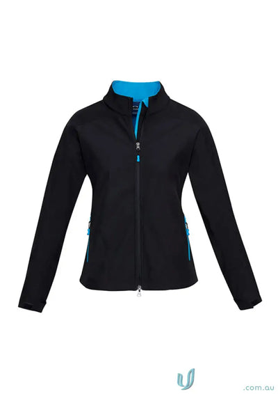 Ladies Geneva softshell jacket with blue accents from Women’s Biz Collection