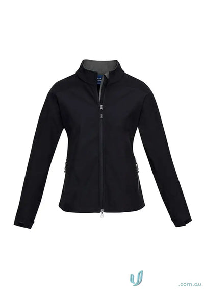 Black ladies Geneva softshell jacket from the women’s Biz Collection for a sleek look