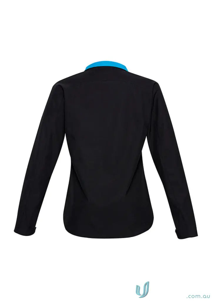 Ladies Geneva softshell jacket with black long-sleeved shirt and blue collar style