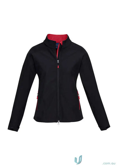 Ladies Geneva softshell jacket in black and red from Women’s Biz Collection