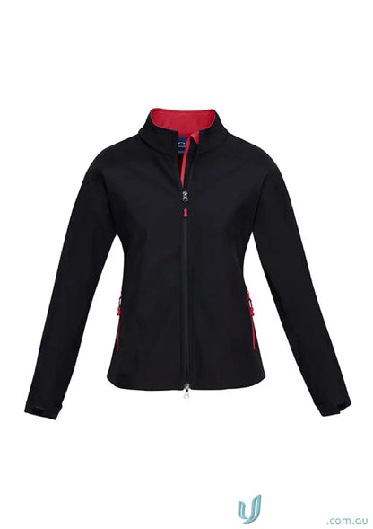 Ladies Geneva softshell jacket in black and red from Women’s Biz Collection